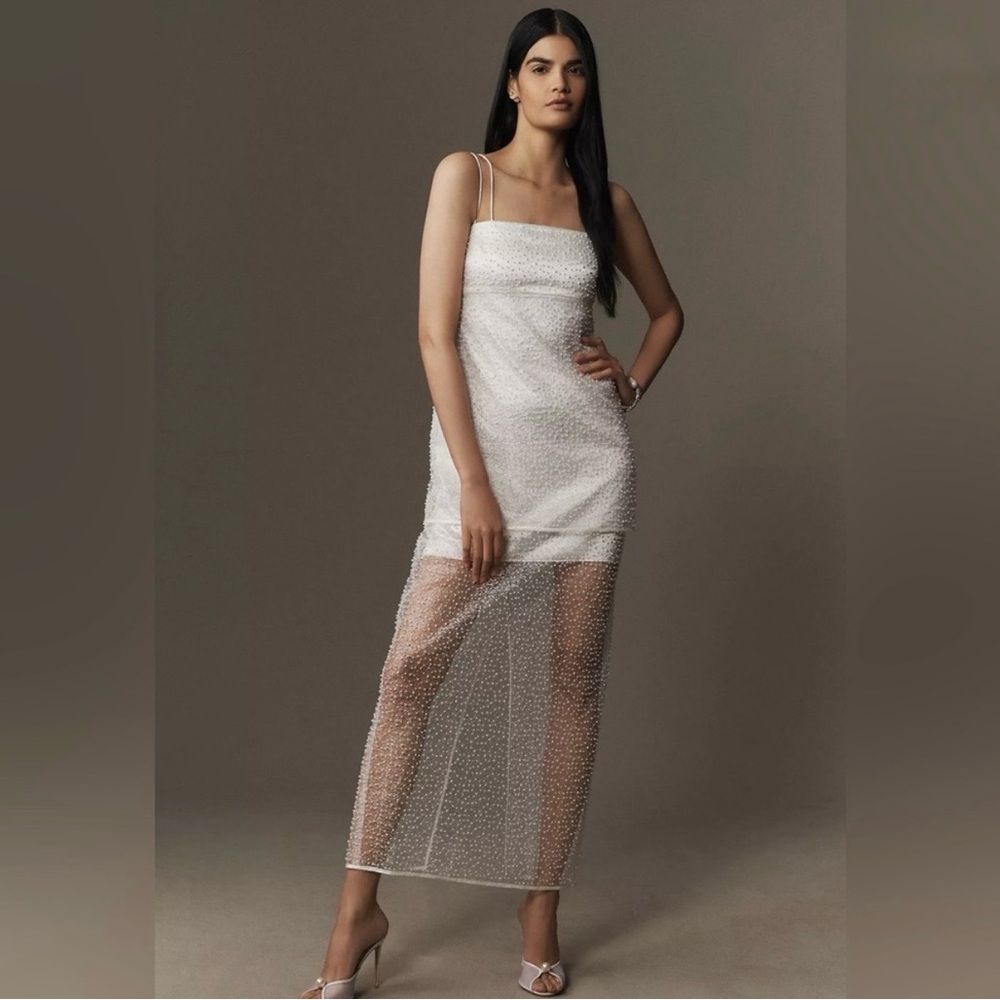 BHLDN White Sleeveless Pearl-Embellished Sheer Maxi Dress